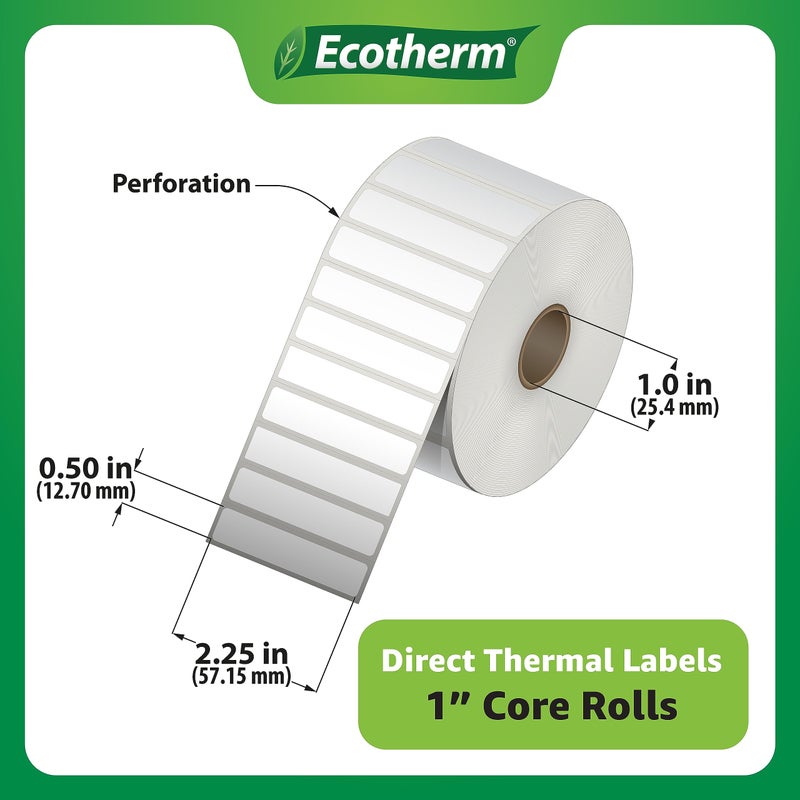 Ecotherm ملصقات حرارية مقاس 2.25 بوصة × .5 بوصة | 4 رول | 13840 تسميات | تناسب طابعات Zebra وMunbyn وRolo وGodex وArkscan وiDPRT وOffnova والمزيد | ملصقات لاصقة بيضاء فارغة من إيكوثيرم - Image 3